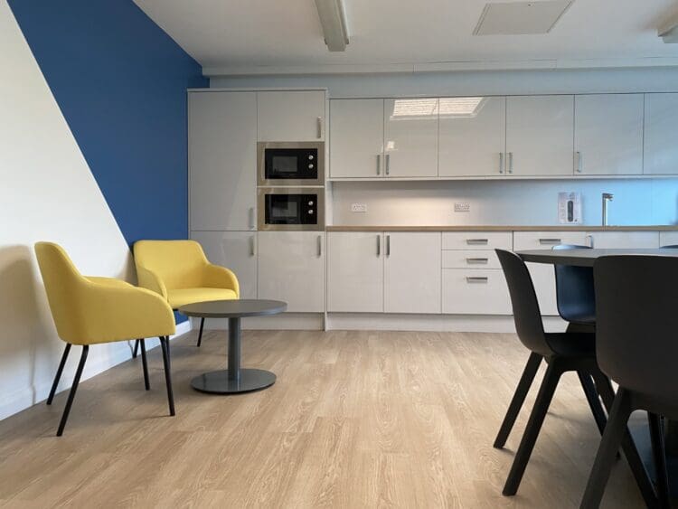 School staffroom interior design scheme with modern tea point.