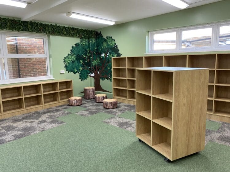 Woodland theme interior design and bespoke shelving for school library refurbishment.