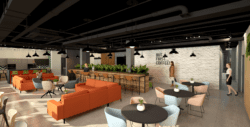 Staff breakout area for office interior design scheme in 3D visualisation.