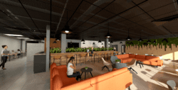 3D render for office interior design project for staff breakout area.