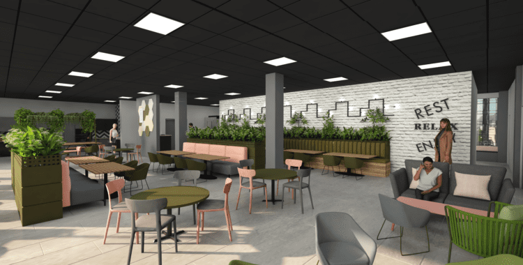 3D render of office breakout area design.
