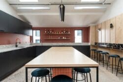 London office kitchen design with terazzo worktop in London fit out project.