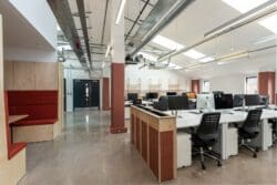 Office fit out London with polished concrete floor and modern office furniture solutions.