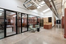 Private executive offices in London office fit out with polished concrete floor.