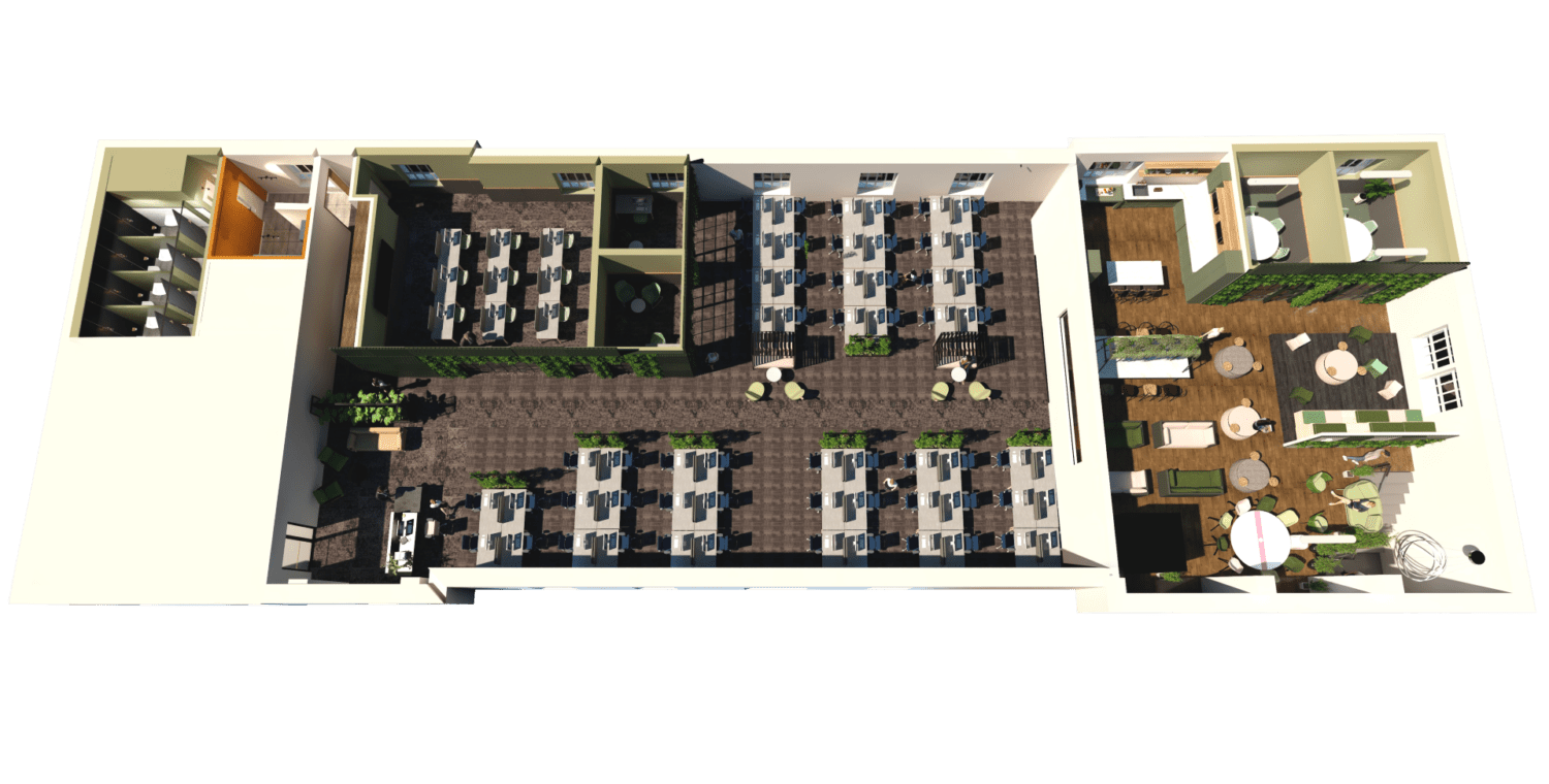 Hybrid office layout shown in a 3D isometric plan.