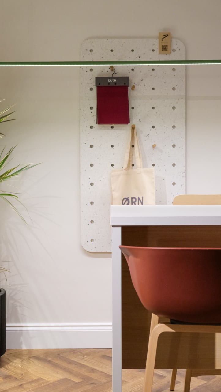Commercial peg board produced with recycled plastics by Orn Furniture.