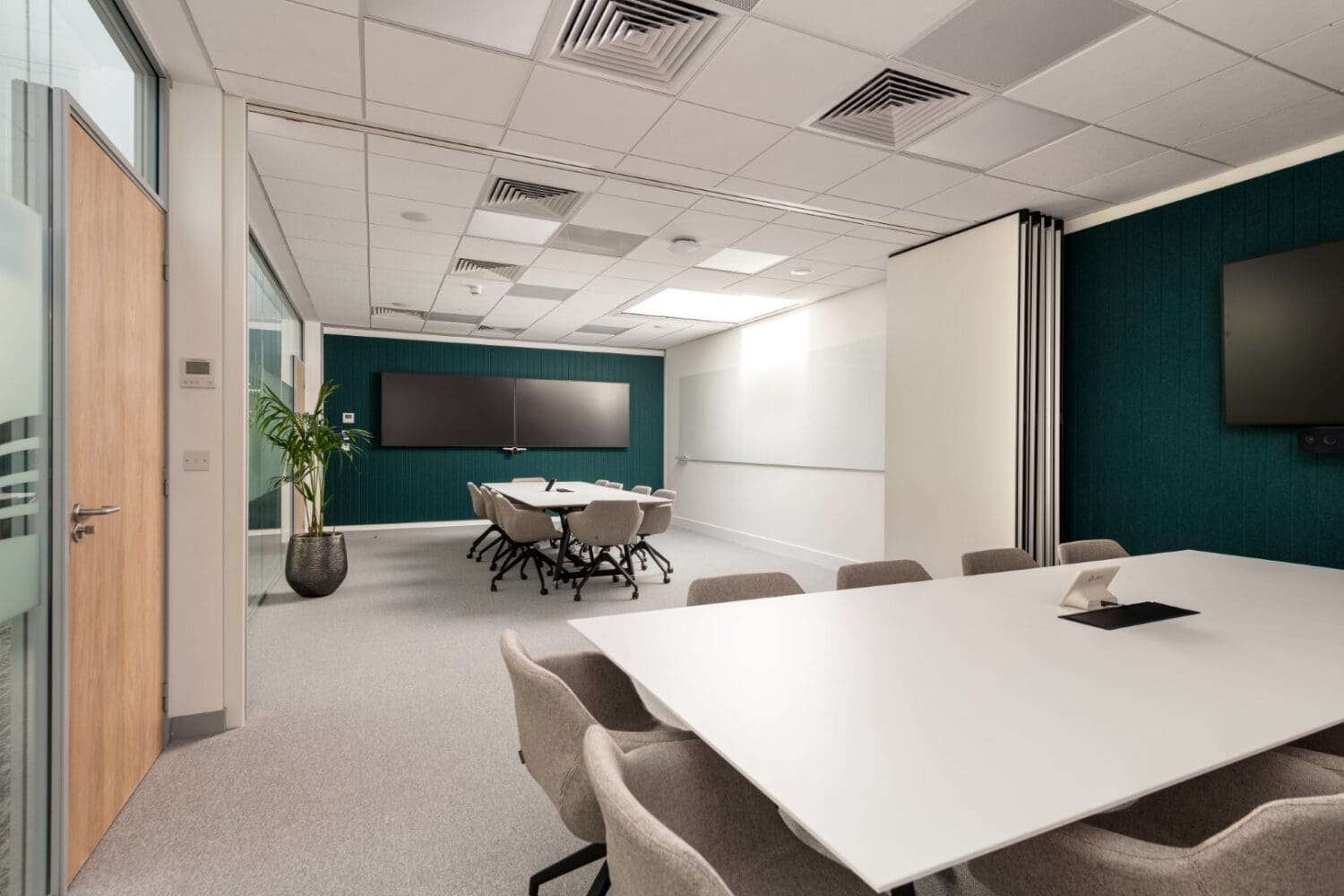Corporate meeting room with sliding wall in office refurbishmnet project in Kent.