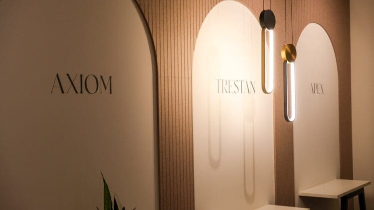 London furniture showroom design with feature wall and lighting.