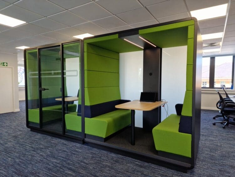 Modern office refurbishment with office meeting booths for corporate insurance company. Rap Interiors