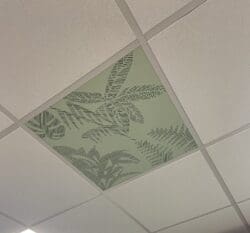 Printed ceiling tiles by Zentia at Clerkenwell Design Week.