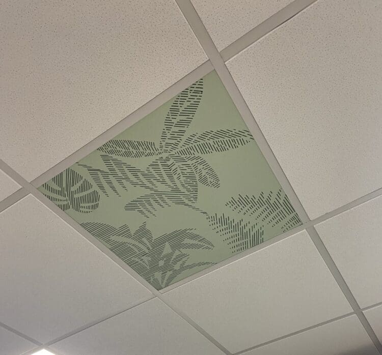 Printed ceiling tiles by Zentia at Clerkenwell Design Week.