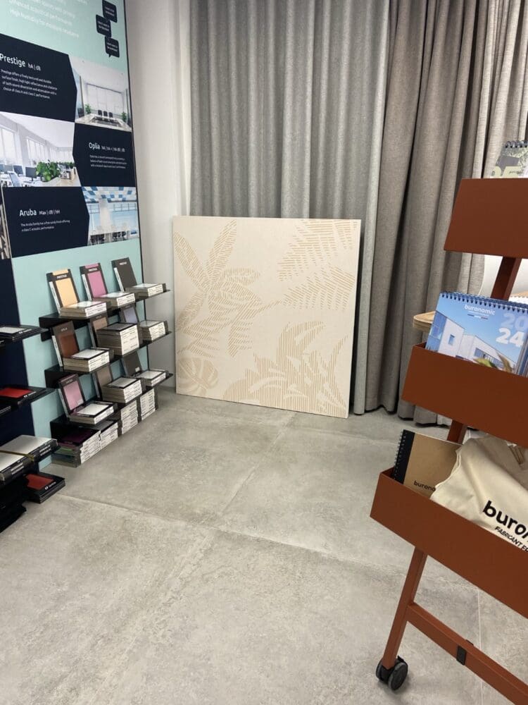 Printed patterned ceiling tiles for innovative interior design scheme.