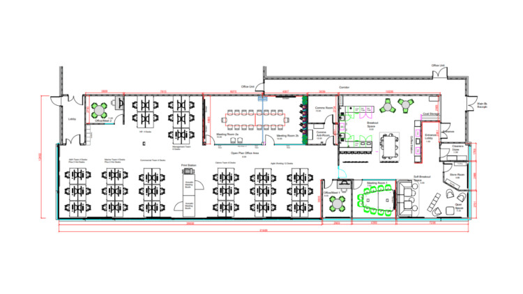 Corporate Insurance company office refurbishment with hybrid office layout design.