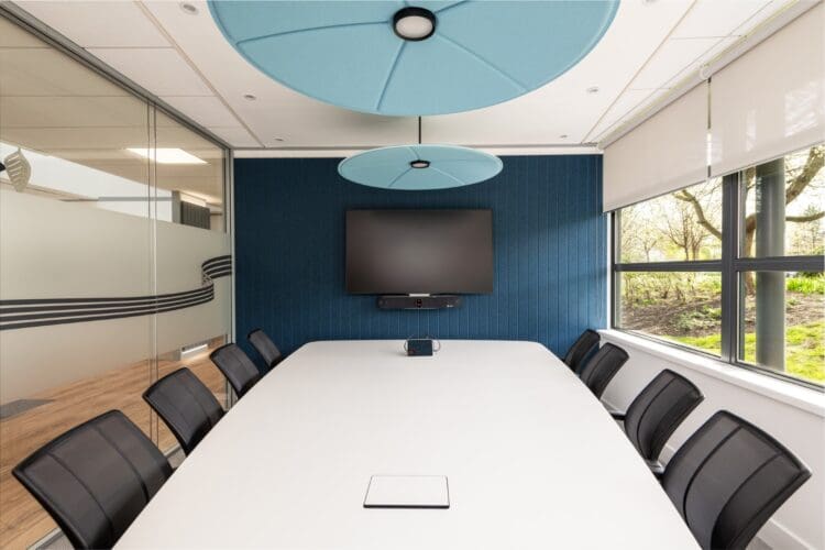 Glazed meeting room with acoustic feature wall and large meeting table.