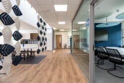 Hanging acoustic panel in office breakout space and glazed meeting room.