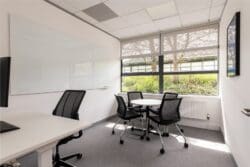 Hybrid workspace and meeting room design for office refurbishment project.