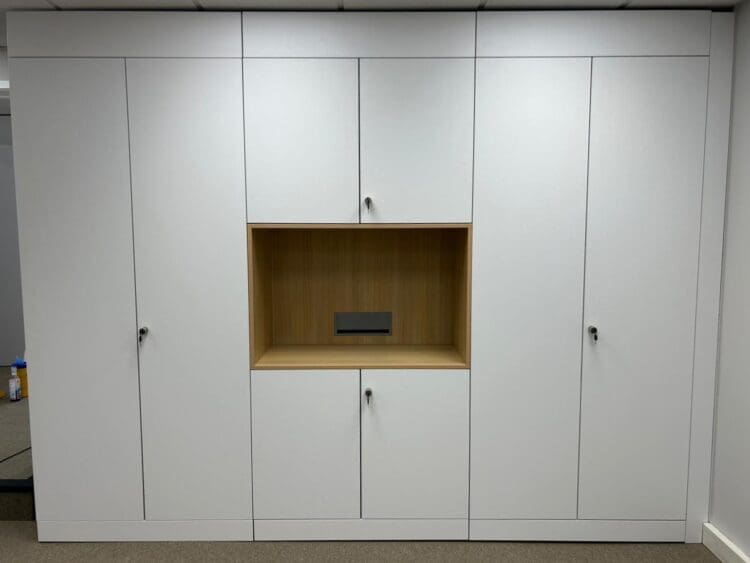 Bespoke storage wall in office refurbishment, Sussex.
