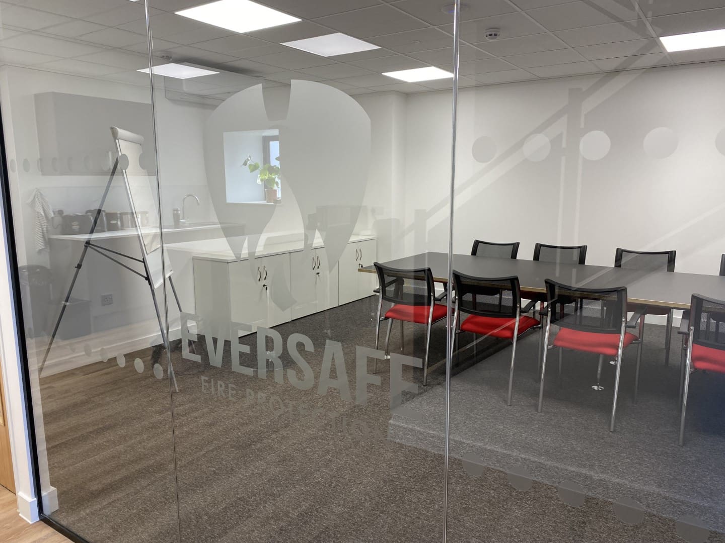 Glass fronted boardroom for industrial fit project in Kent.