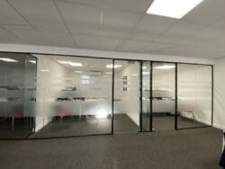 Glazed private offices with manifestation in office fit out project for Eversafe Fire Protection.