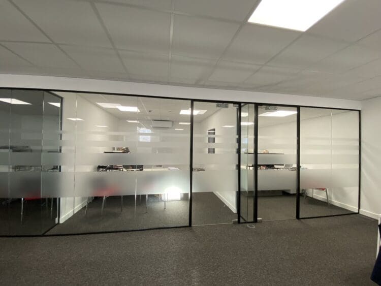 Glazed private offices with manifestation in office fit out project for Eversafe Fire Protection.
