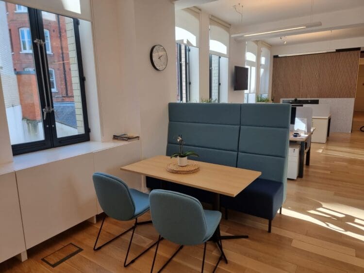 London office interior design project with breakout space soft seating.