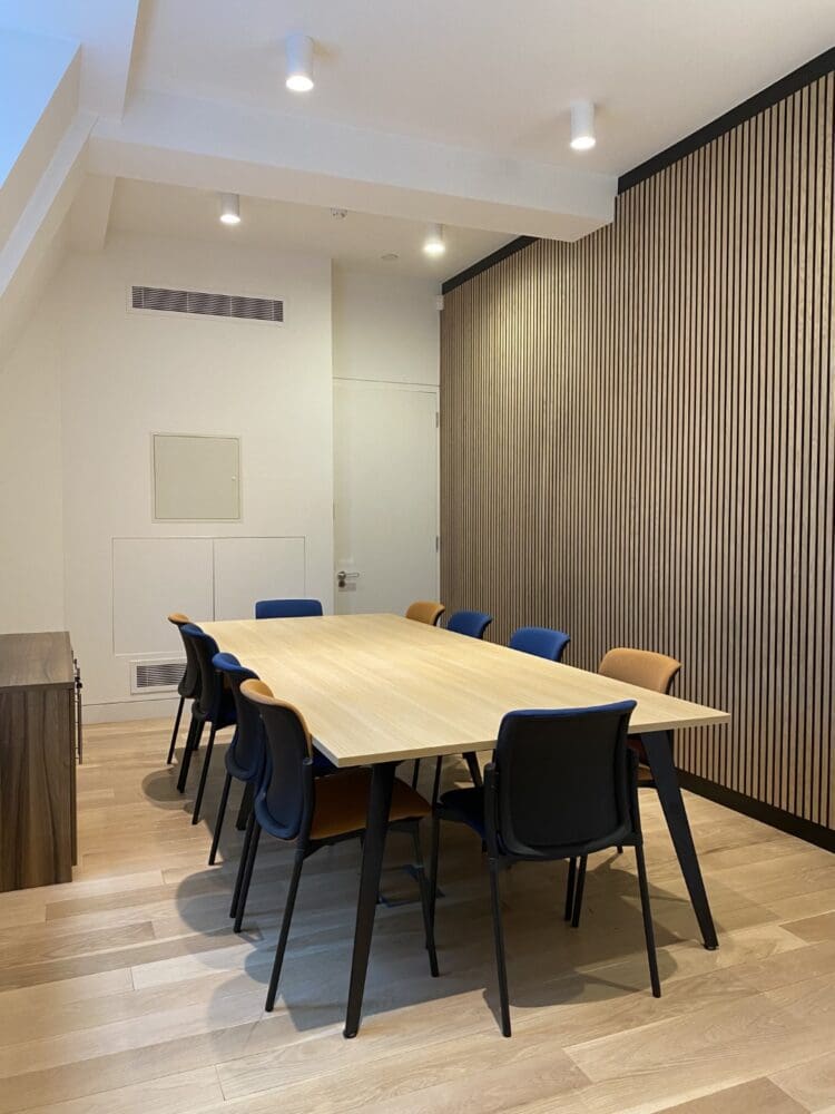Modern corporate boardroom design for London office refurbishment project.