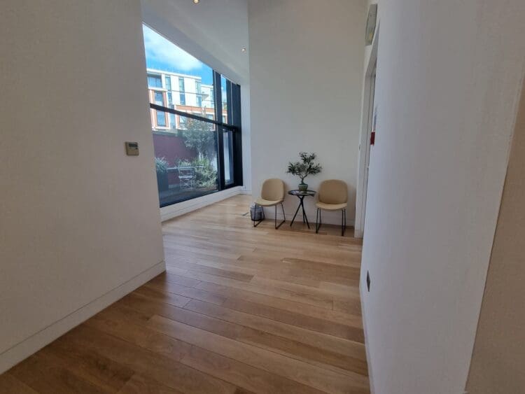 Modern entrance hall in London office refurbishment.