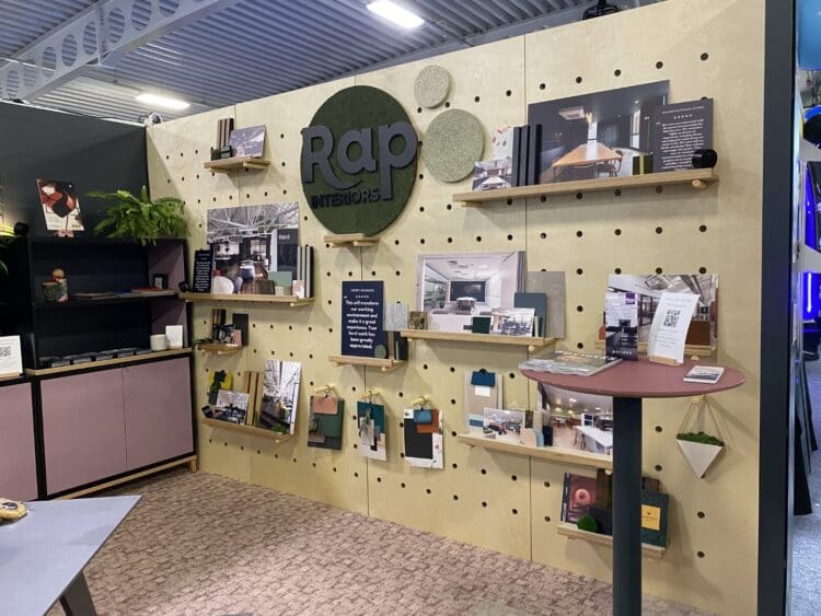 Peg wall display on exhibition stand for fit out and refurbishment company.