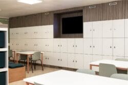 Bespoke in built locker system for sixth form common room refurbishment and design.
