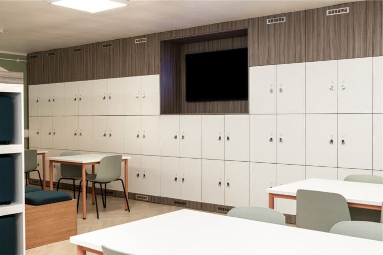 Bespoke in built locker system for sixth form common room refurbishment and design.