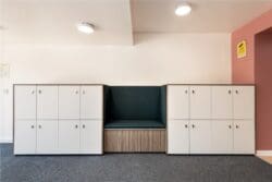 Bespoke locker unit with inset seating for London school refurbishment project.