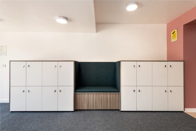 Bespoke locker unit with inset seating for London school refurbishment project.