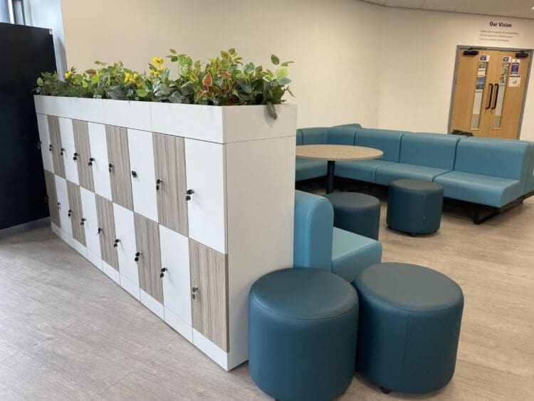 Biophilic design and locker wall in school refurbishment for The Elms Academy.
