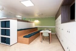 Bleacher seating and flexible educational furniture in sixth form common room refurbishment for Jags, London.