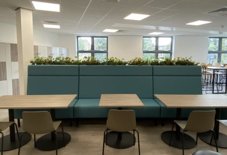 High back banquet seating in school refurbishment project at The Elms Academy London.
