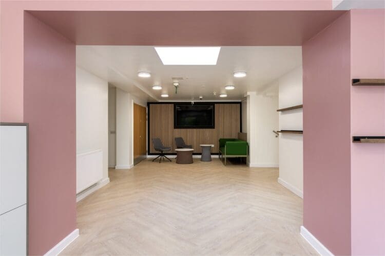 School entrance hall refurbishment with blush pink feature archway.