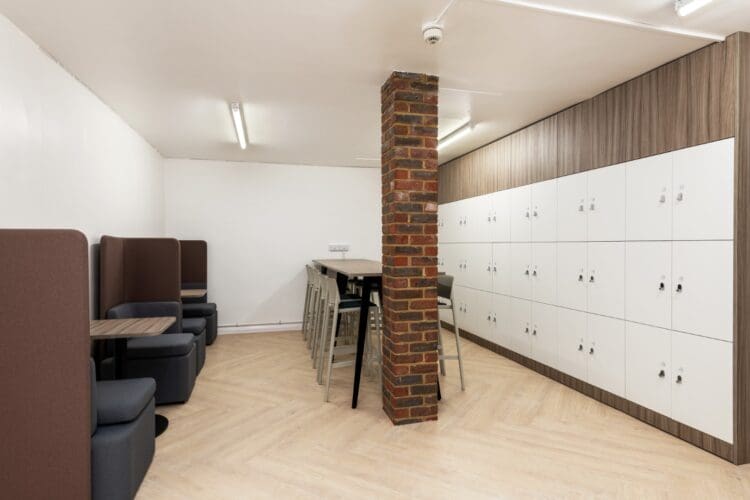 Sixth Form study area with bespoke locker units in school refurbishment project, London.
