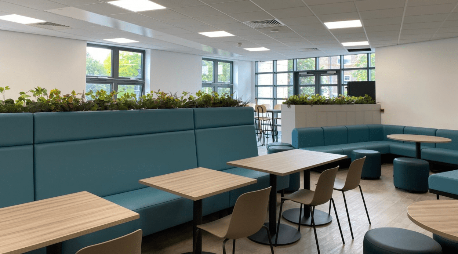 The Elms Academy sixth form common room refurbishment with dining furniture.