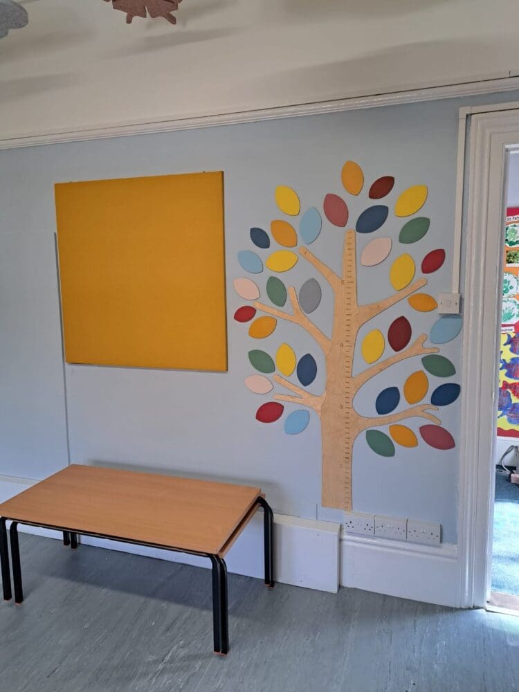 Tree shape height chart in school library refurbishment.