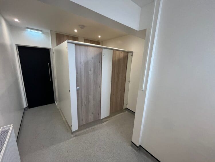 Modern washroom cubicles in washroom refurbishment project, Kent.