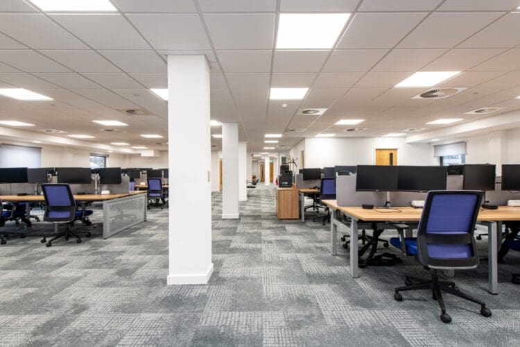 Open plan modern office space within a large office fit out project in Kent.
