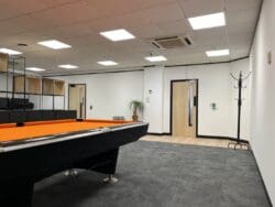 Office refurb Kent with grey carpet tiles and black contrasting skirting and architrave