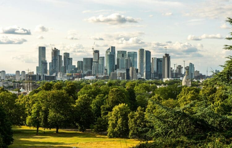 London skyline framed with trees and green space