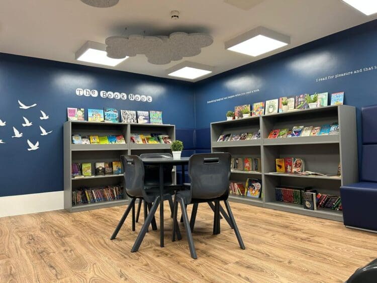 School library design and refurbishment with branded colours and storage solutions.