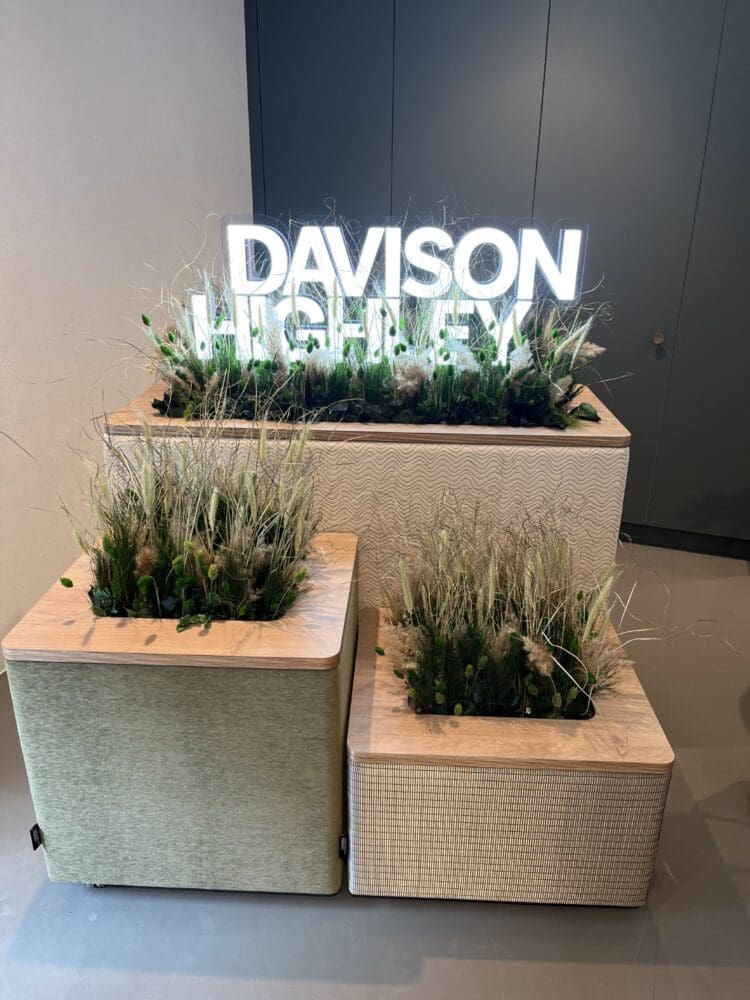 Innerspace Cheshire's product Roam used in modular planters with preserved grasses and ferns for commercial interior design.