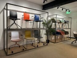 Modern office furniture design at Pledge showroom London.