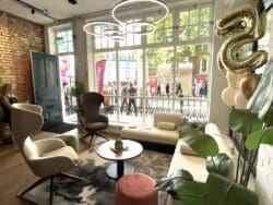 Pledge showroom at Clerkenwell Design Week showcasing commercial furniture.