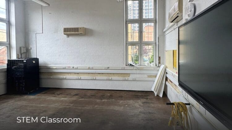 Before photo of STEM classroom at London school refurbishment project.