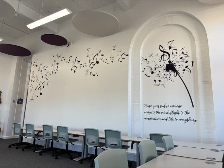 Feature wall in music classroom school refurbishment.