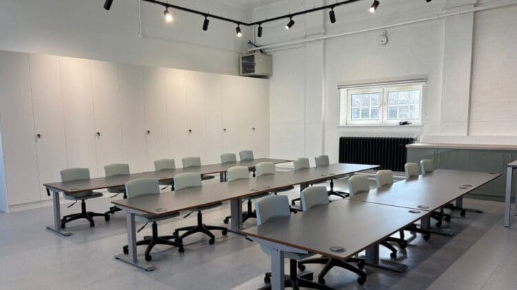 School furniture solutions with height adjustable desks and chairs.